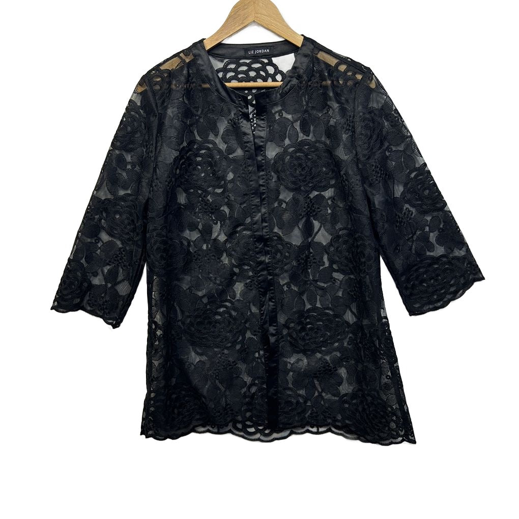 Liz Jordan Black Embroidered Sheer Jacket - Size 16