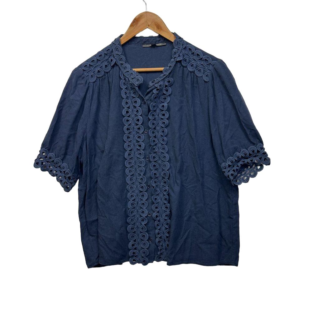 Liz Jordan Navy Linen Top - Size 18