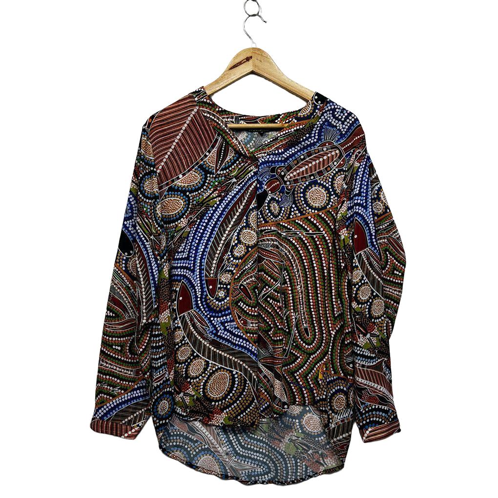 Lore Multicoloured Indigenous Art Print Plus Size Long Sleeve Top - Size 18