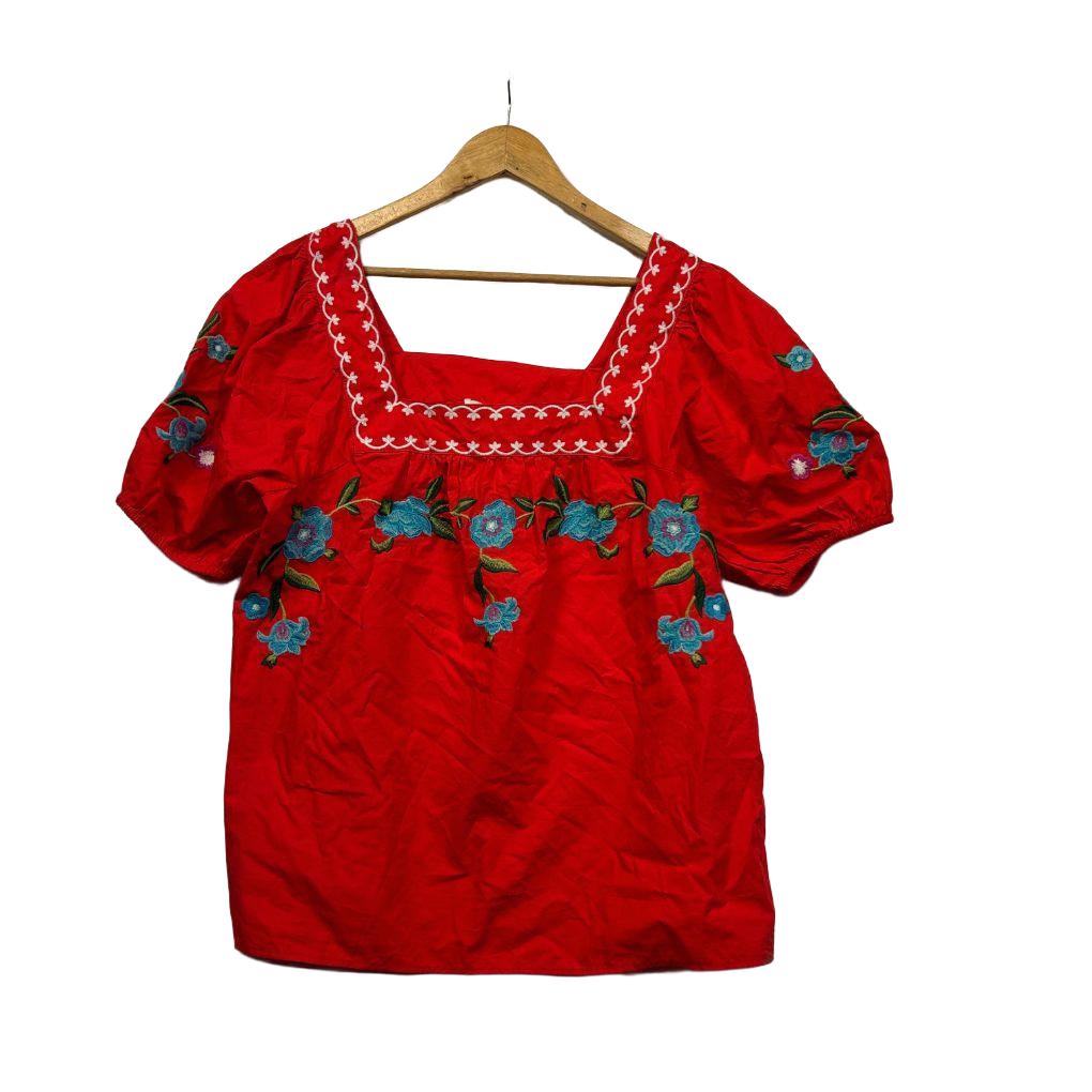 Next Love & Roses Red Cotton Embroidered Top - Size 14