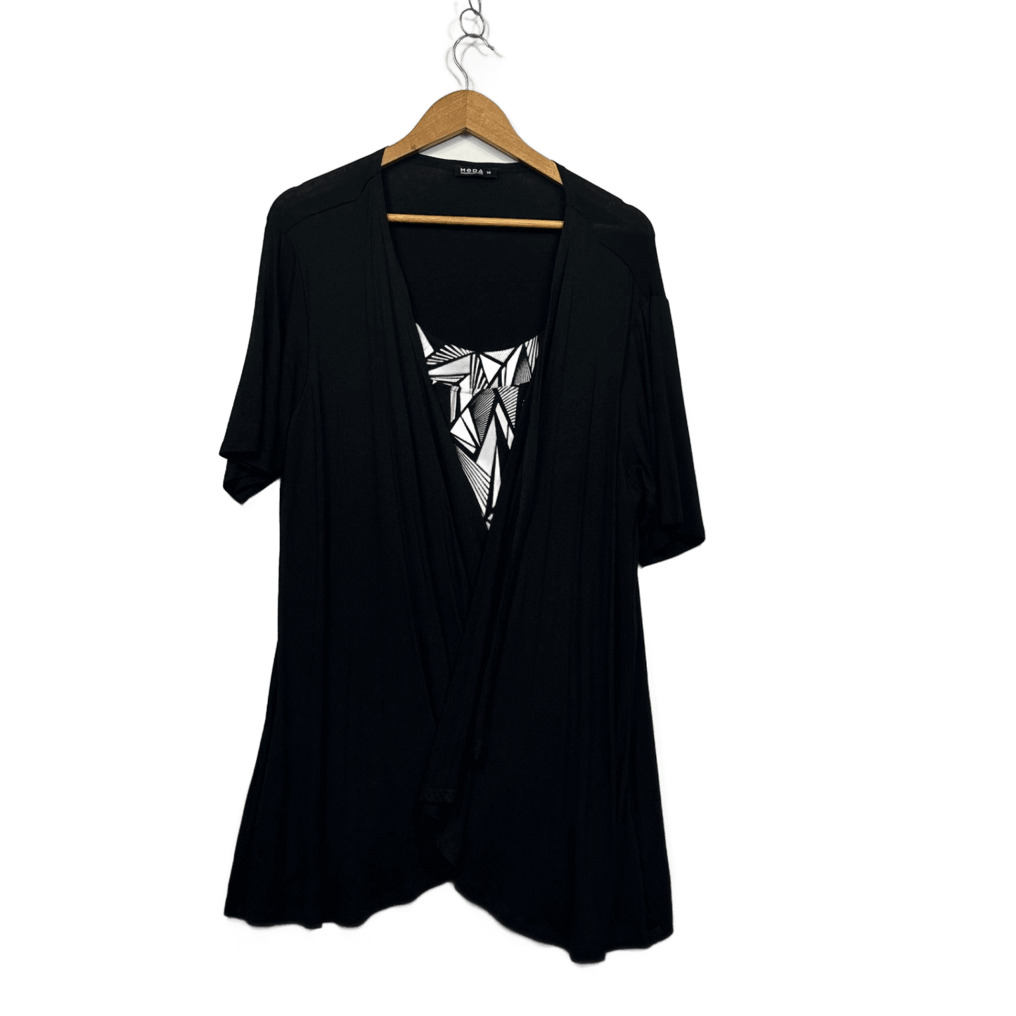 MODA Women's Black Short Sleeve Open Front Overlay Tunic Top Size 16