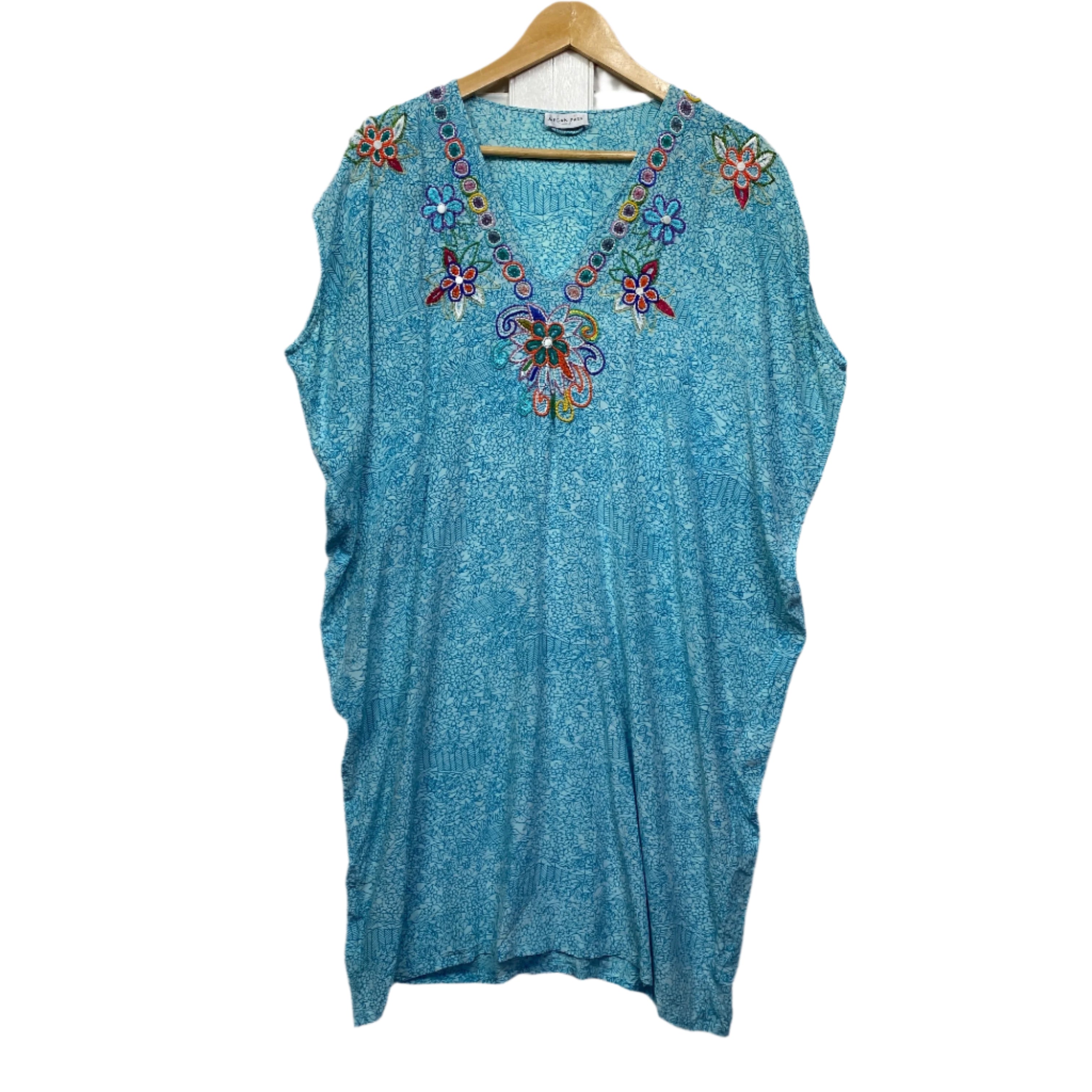 Megan Park Kaftan Dress 100% Silk Blue Embroidered Size 3 (AU 12 - 14)