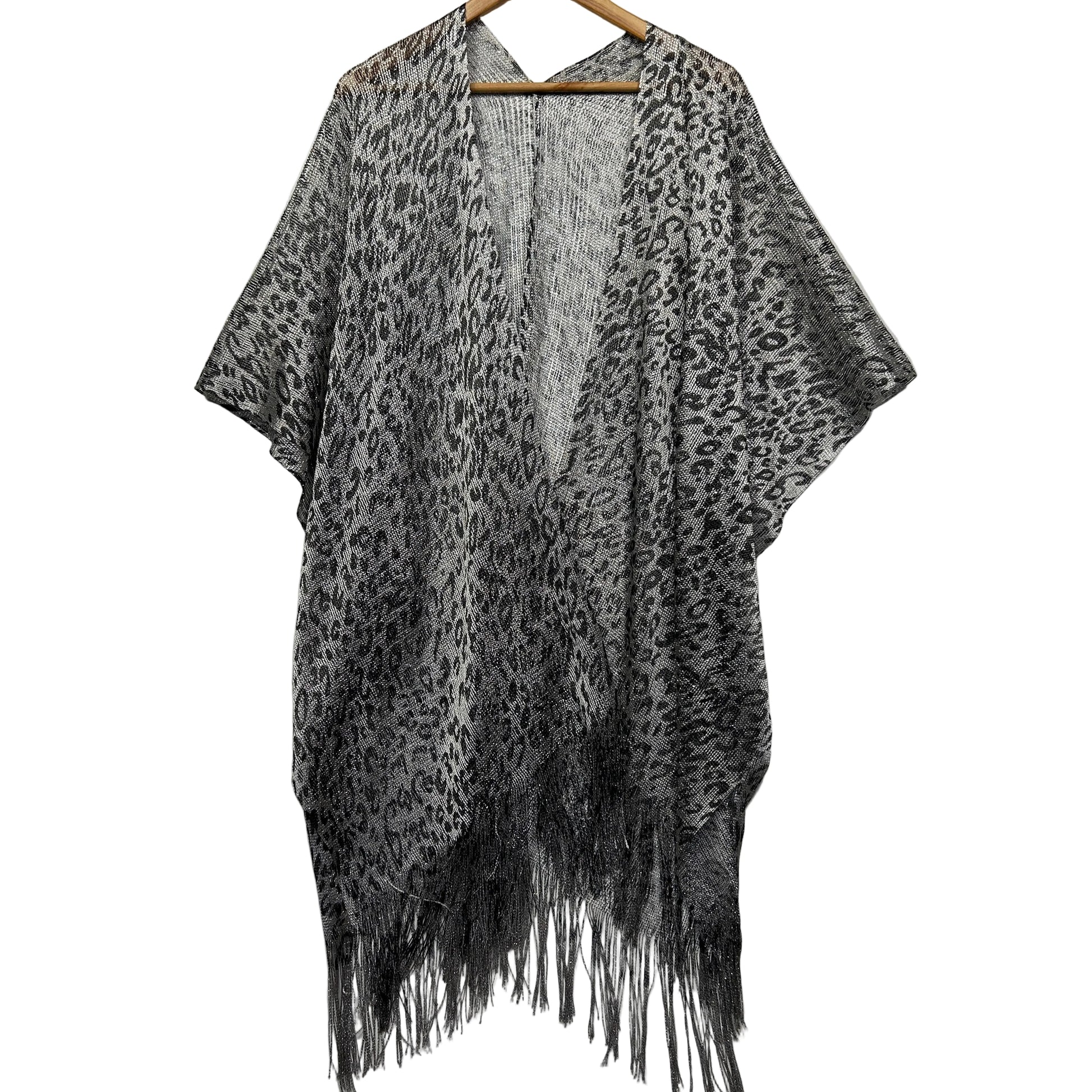 Metallic Leopard Print Kimono with Fringe - One Size