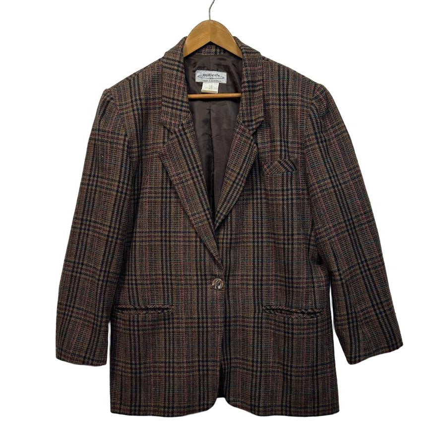 Vintage Miller's Brown Wool Blend Check Jacket  Blazer - Size 16