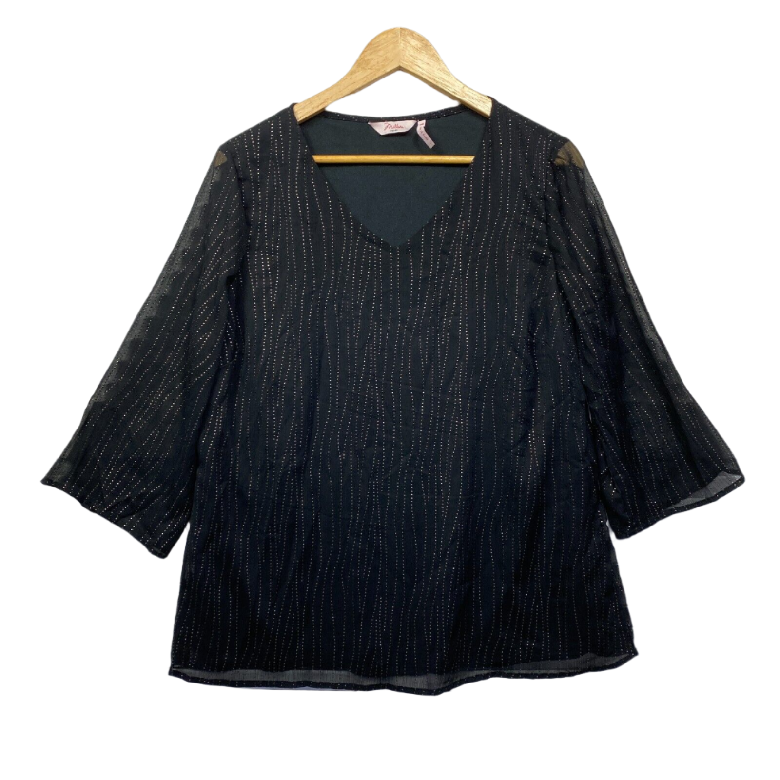 Millers Black Gold Embellished Sheer Sleeve Top - Size 14