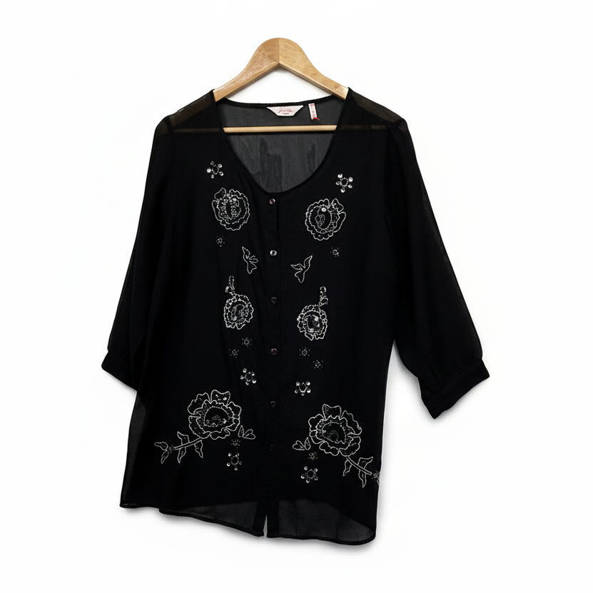 Millers Black Sheer Button up Beaded Top - Size 14