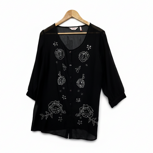 Millers Black Sheer Button up Beaded Top - Size 14