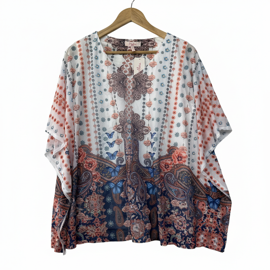 Millers White Pink Butterfly Floral Border Print Kaftan - Size L