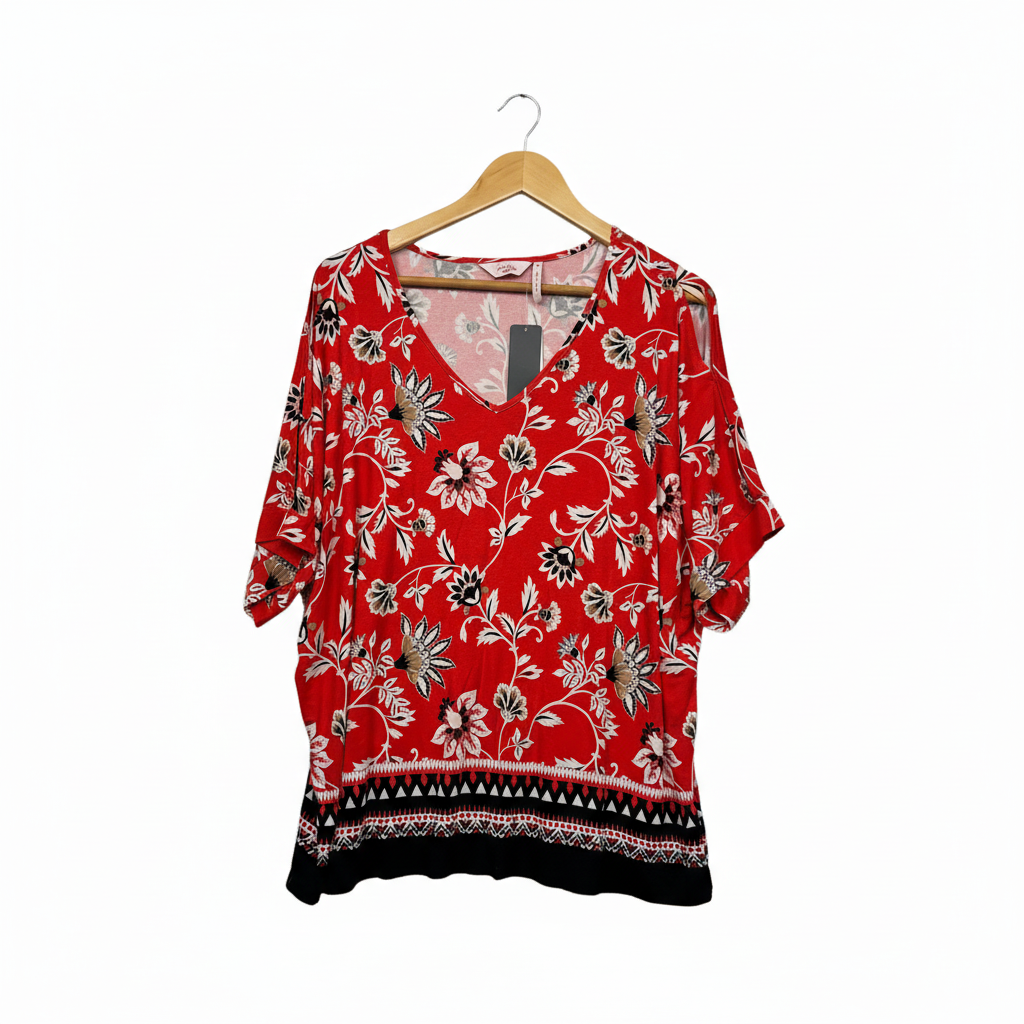 Millers Woman Red Pink Floral Cold Shoulder Top - Size 16