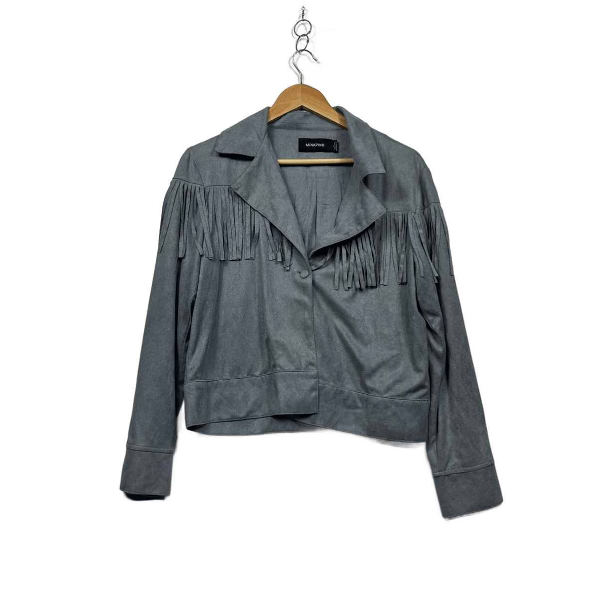 Minkpink Grey Faux Suede Fringe Cropped Jacket - Size L