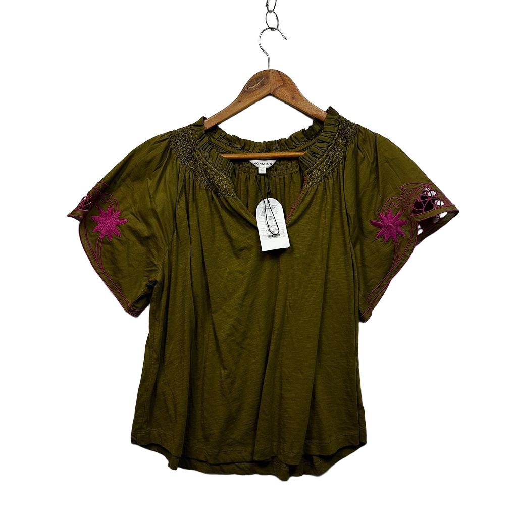 Monsoon Olive Embroidered Cotton Top - Size M/12