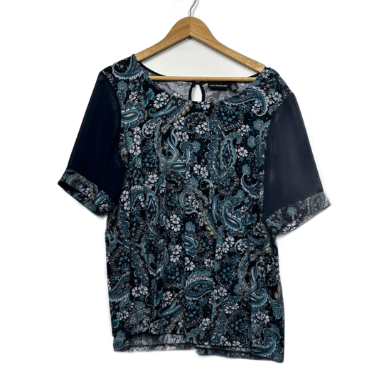 Nina Leonard Blue Paisley Print Short Sleeve Round Neck Top Size 16