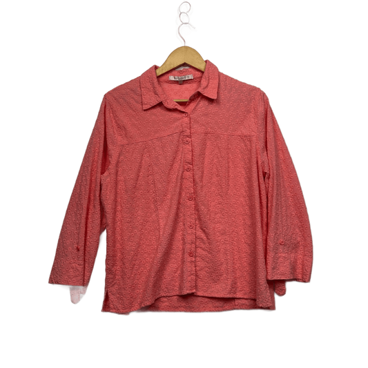 Noni B Embroidered Pink Cotton Long Sleeve Collared Button Up Blouse Size 16