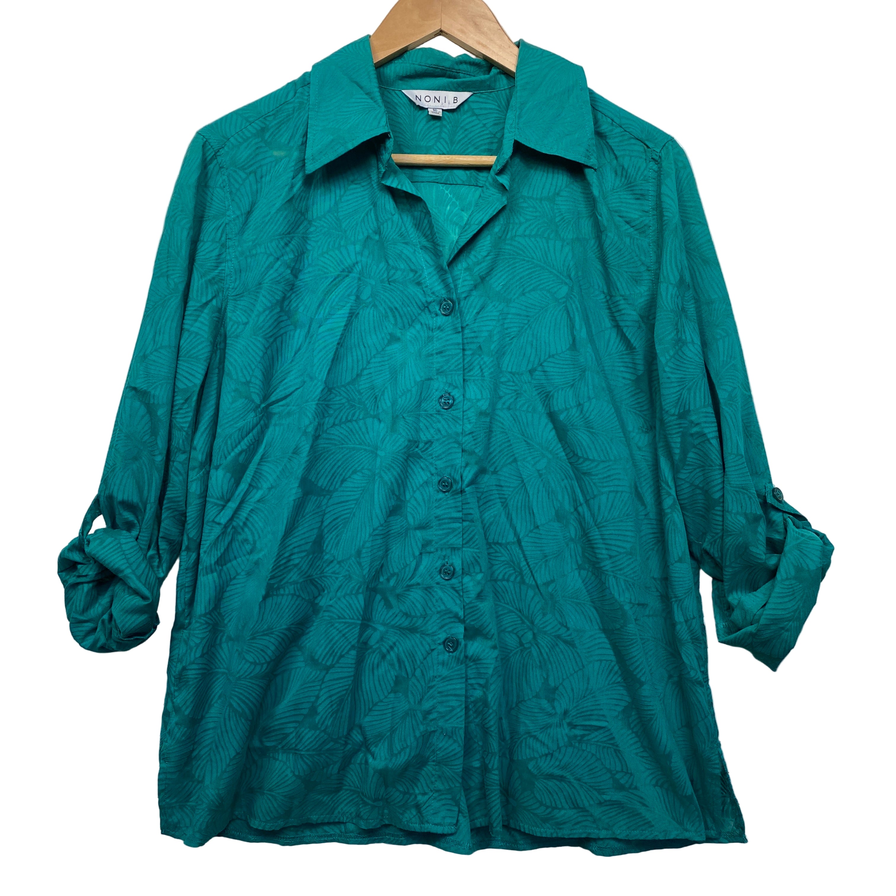 Noni B Green Sheer Roll Tab Sleeve Button Up Top - Size 16