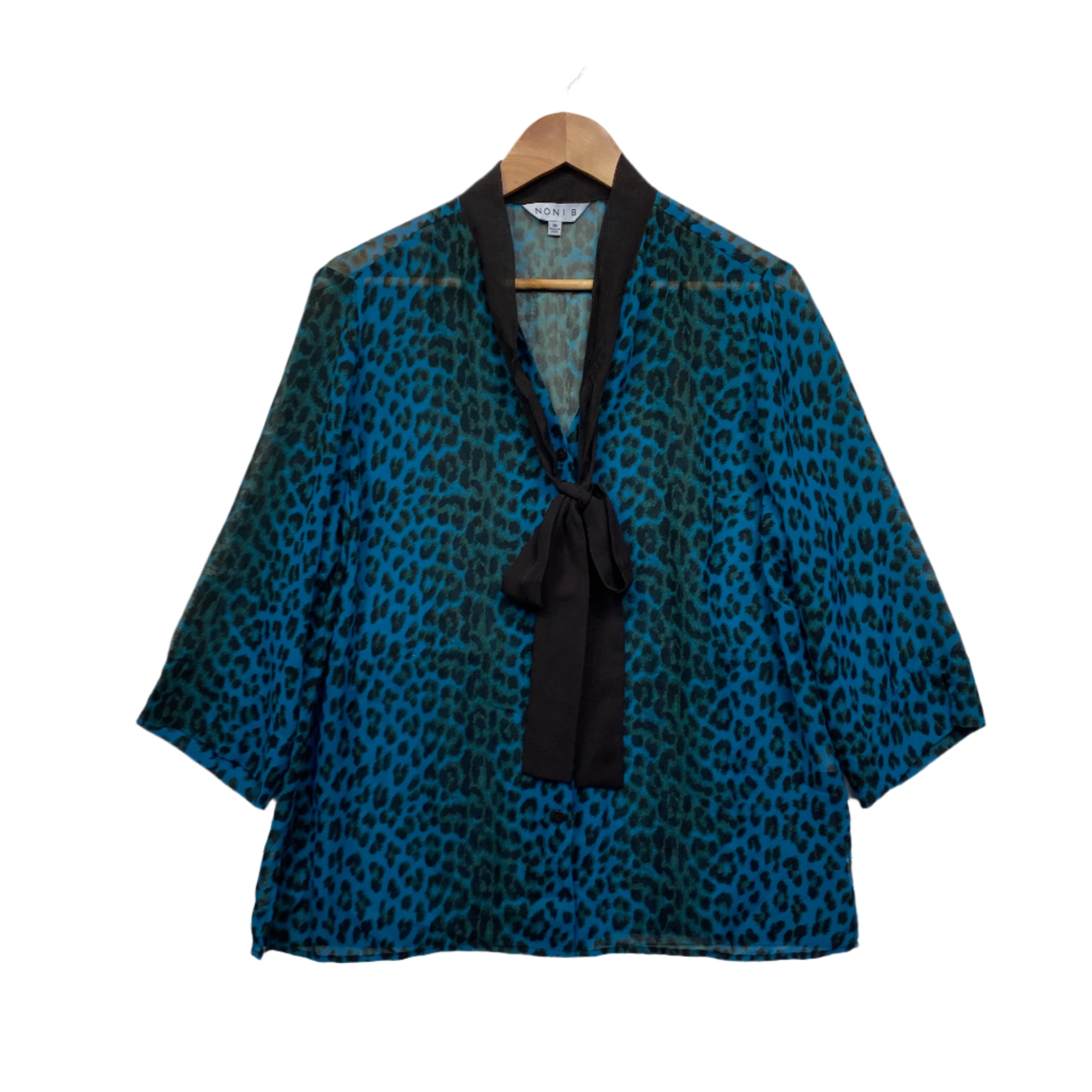 Noni B Teal Animal Print Sheer Long Sleeve Top - Size 16
