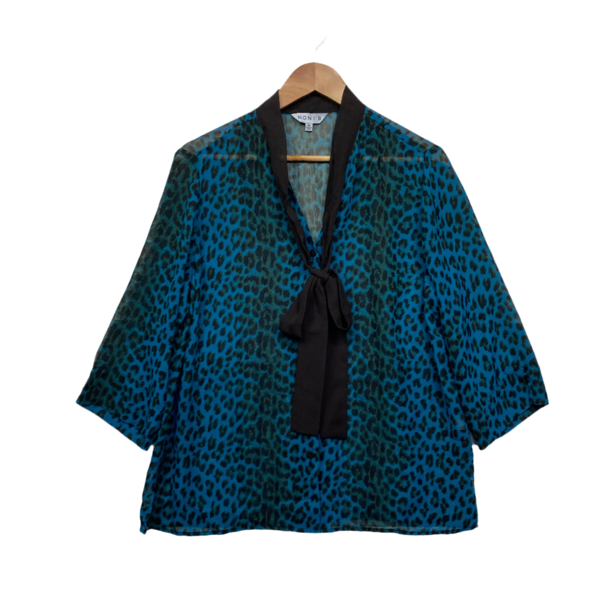 Noni B Teal Animal Print Sheer Long Sleeve Top - Size 16