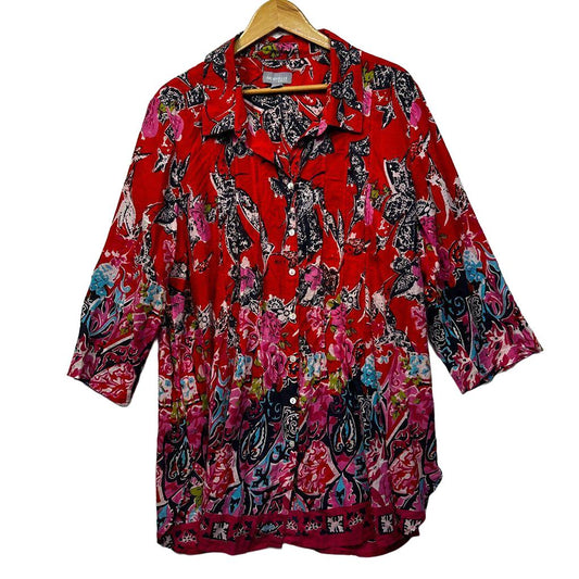Nouvelle Red Print Plus Size Cotton Shirt - Size 22