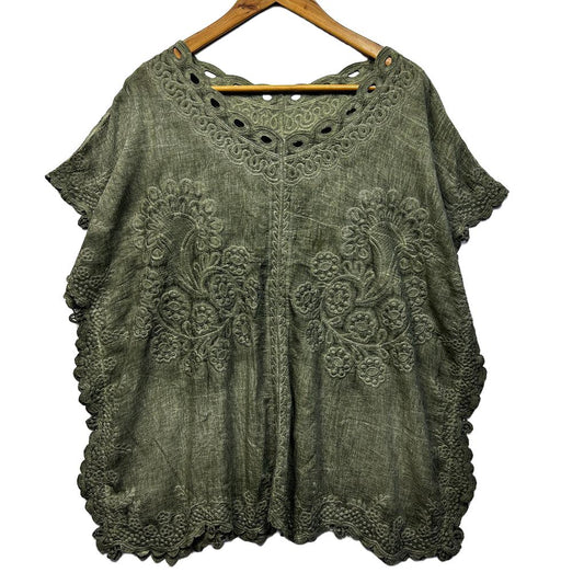 Olive Embroidered Boho Top - Size 14/16