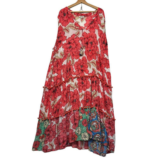 Orientique Red Floral Maxi Tiered Dress - Size 24