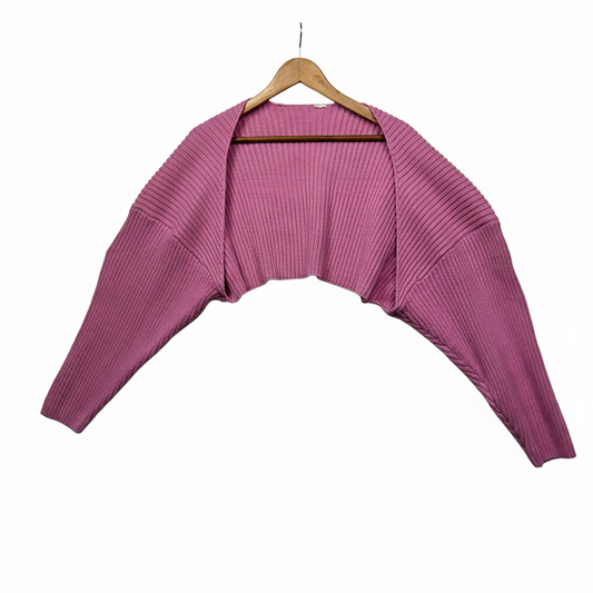 Pink Ribbed Cropped Long Sleeve Shrug - Size 16