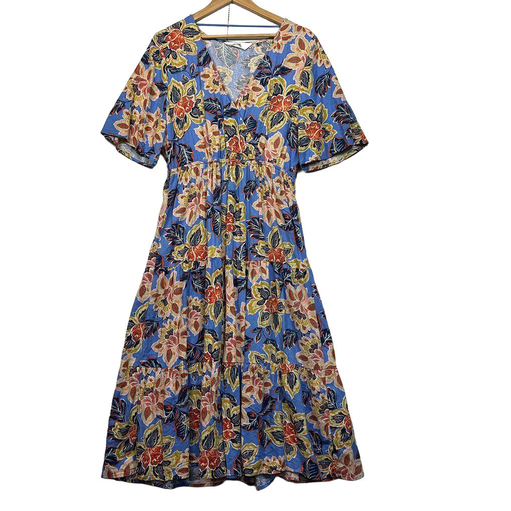 Piping Hot Blue Floral Linen Dress - Size 16