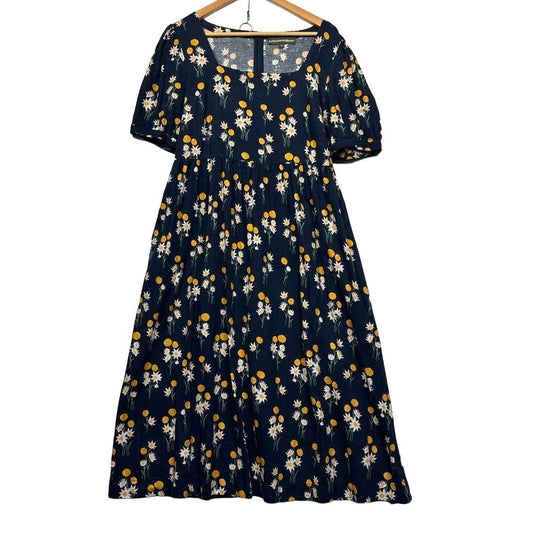 Princess Highway Navy Linen Blend Floral Dress - Size 16
