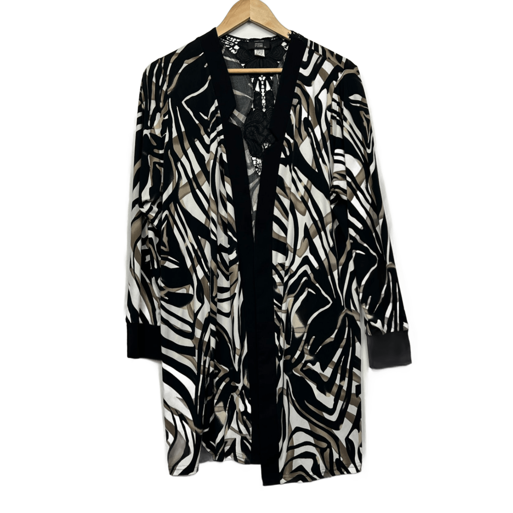 RTM Kimono Top Size 16 Black Cream Beige Animal Print Long Sleeve Made in Australia