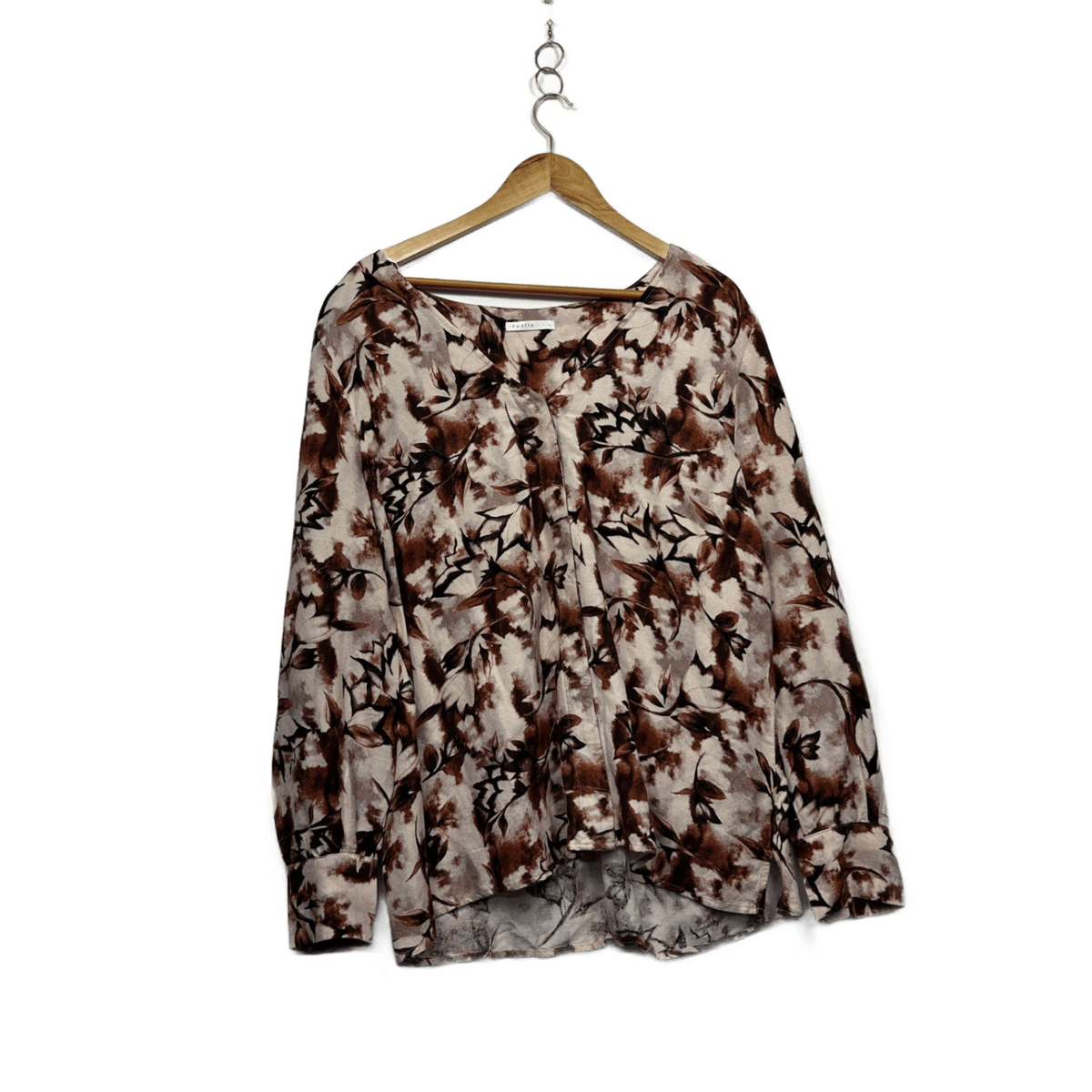 Regatta Brown Beige Floral Linen Long Sleeve Blouse - Size 16