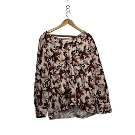 Regatta Linen Blend Brown Beige Long Sleeve Floral Blouse Size 16