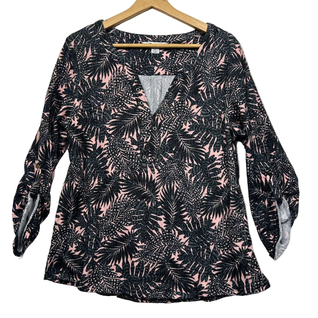 Rockmans Black and Pink Print Top - Size XL