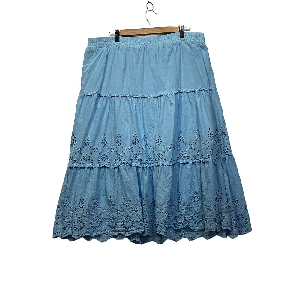 Rockmans Blue Embroidered Broderie Cotton Tiered Midi Skirt - Size 18