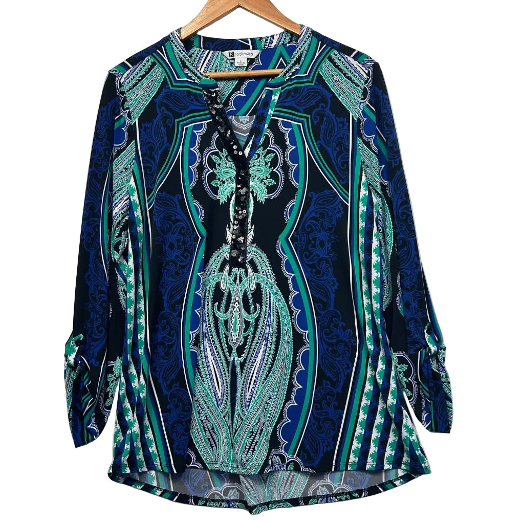Rockmans Blue Paisley Print Top - Size L