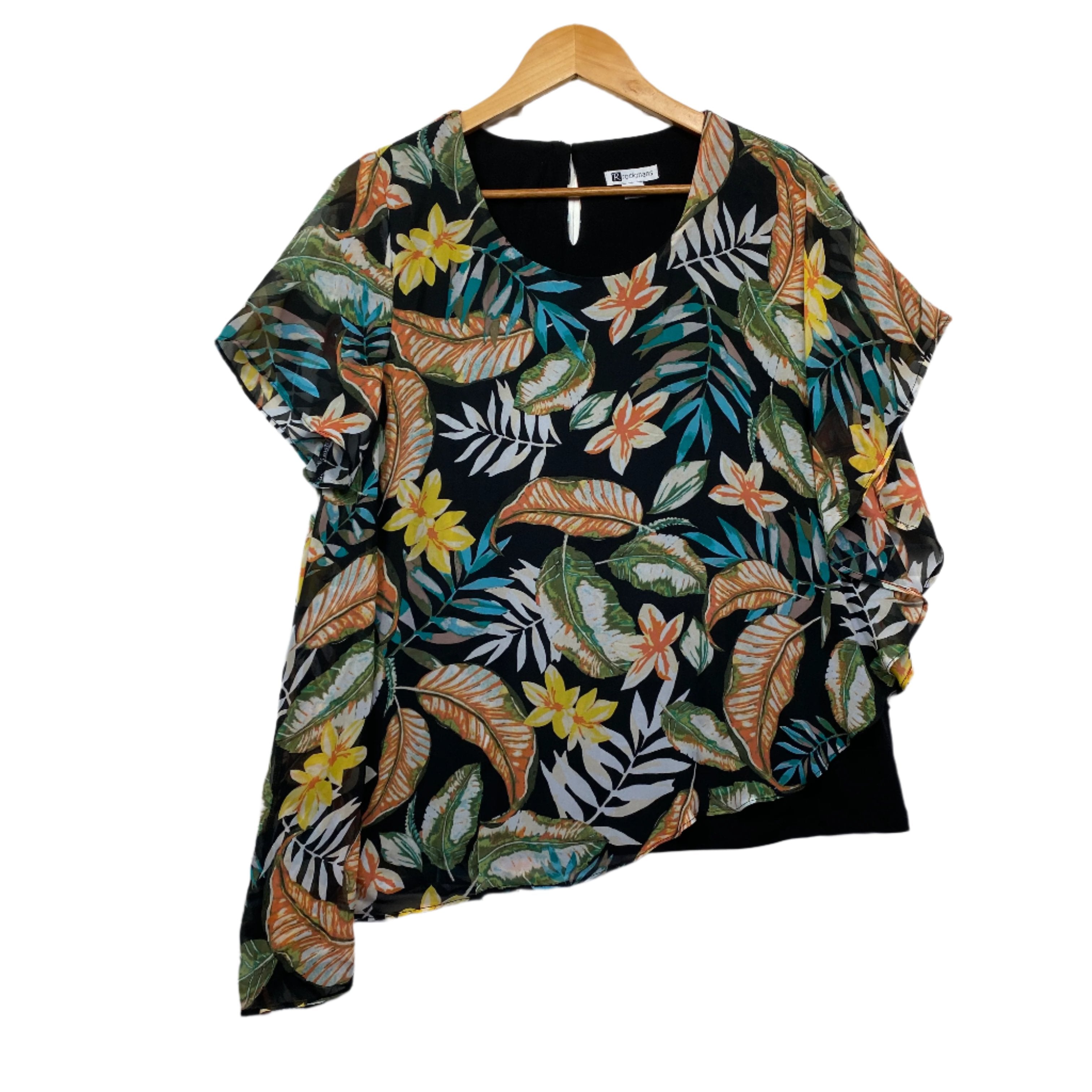 Rockmans Floral Sheer Overlay Short Sleeve Top - Size L