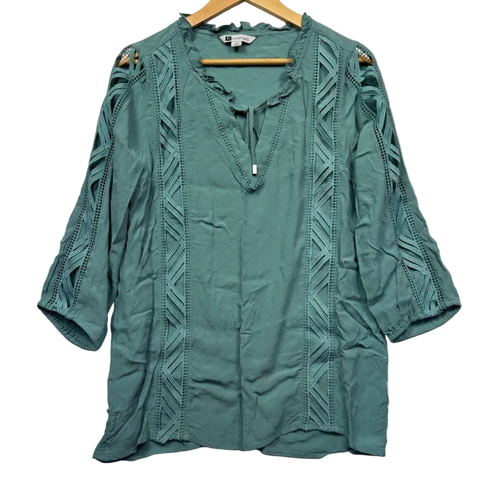 Rockmans Green 3/4 Sleeve Lace Detail Top - Size 14