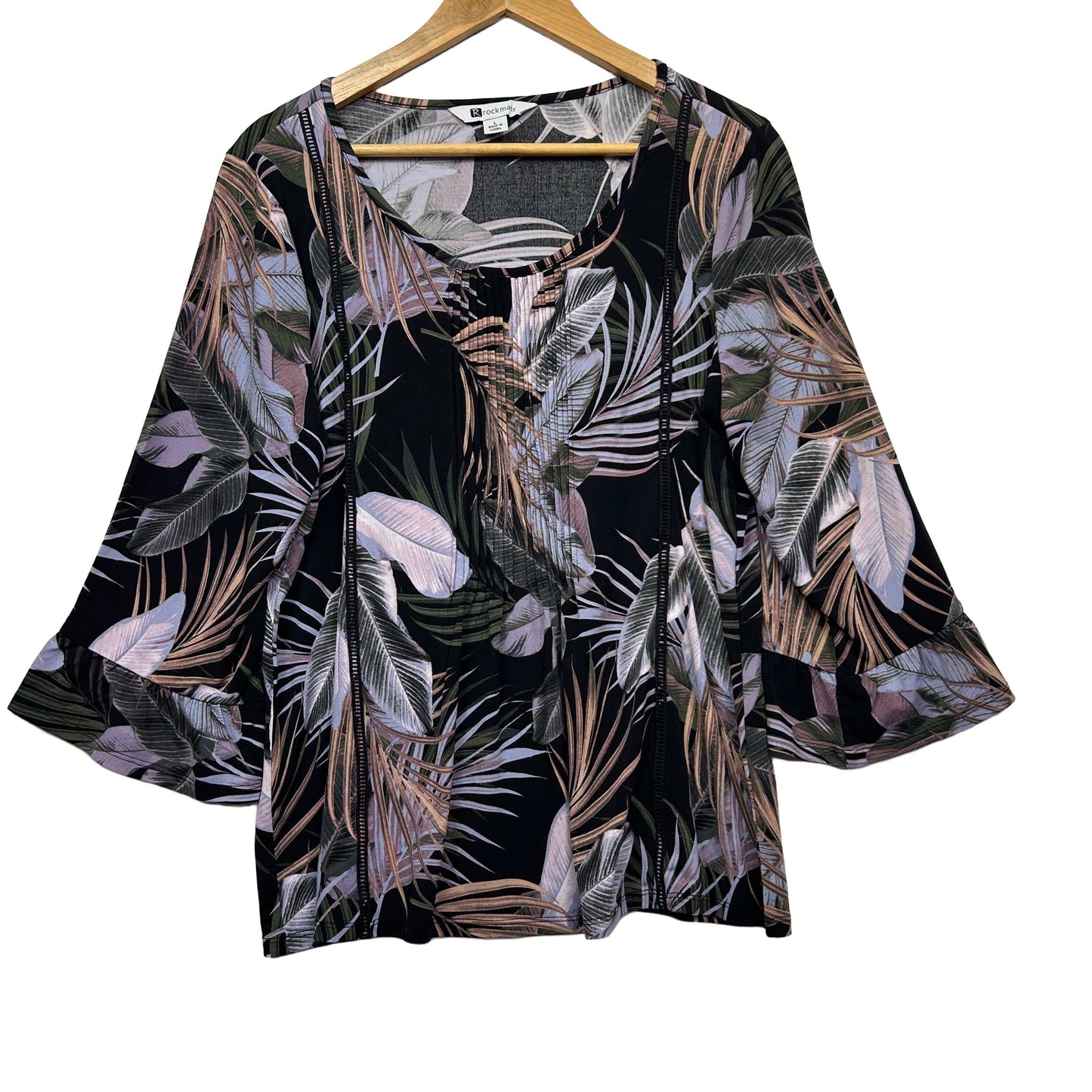 Black and grey abstract leaf print blouse front view