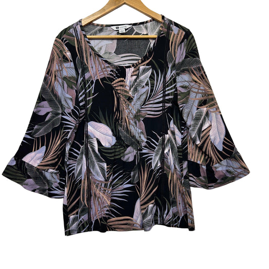 Black and grey abstract leaf print blouse front view