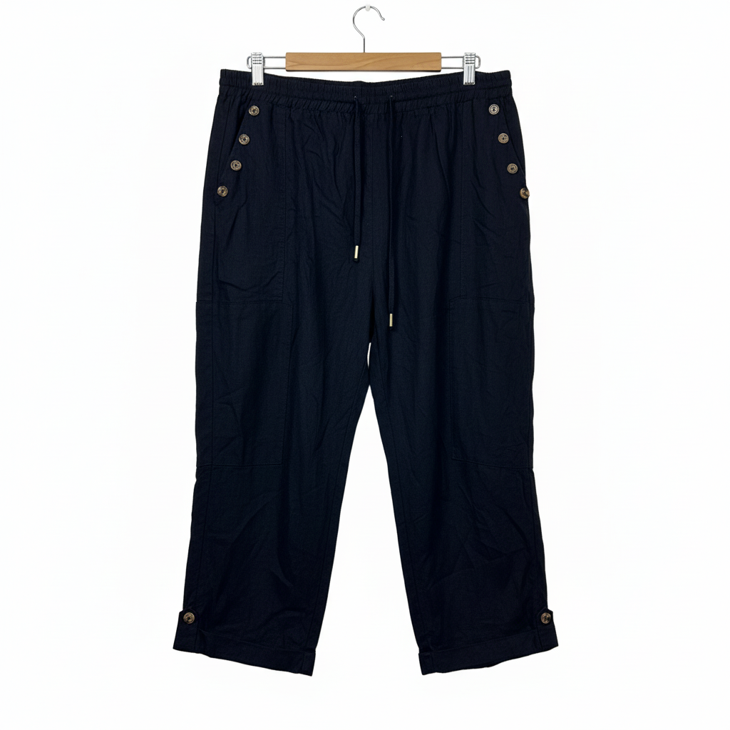 Rockmans Navy Blue Linen Cropped Pants - Size 16