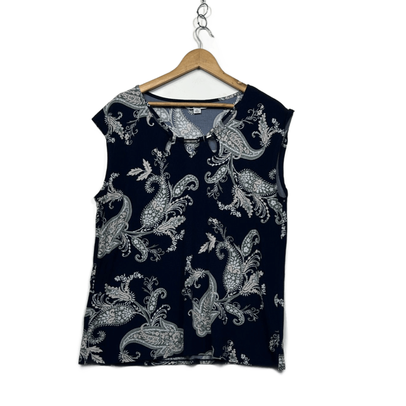 Rockmans Navy Keyhole Top Blouse Size XL Paisley Print