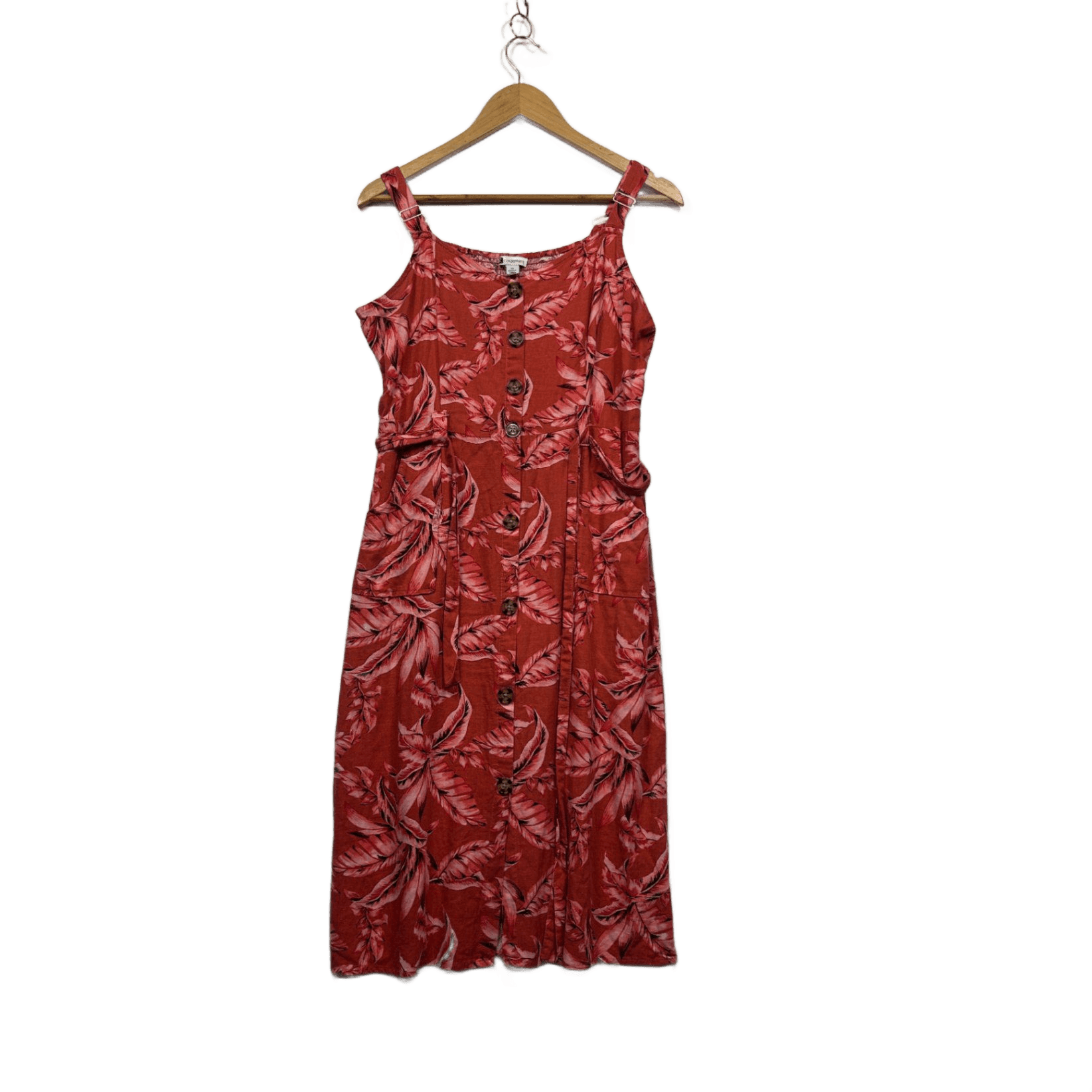 Rockmans Orange Linen Blend Sleeveless Floral Button Up Midi Dress w/ Pockets -  Size 14