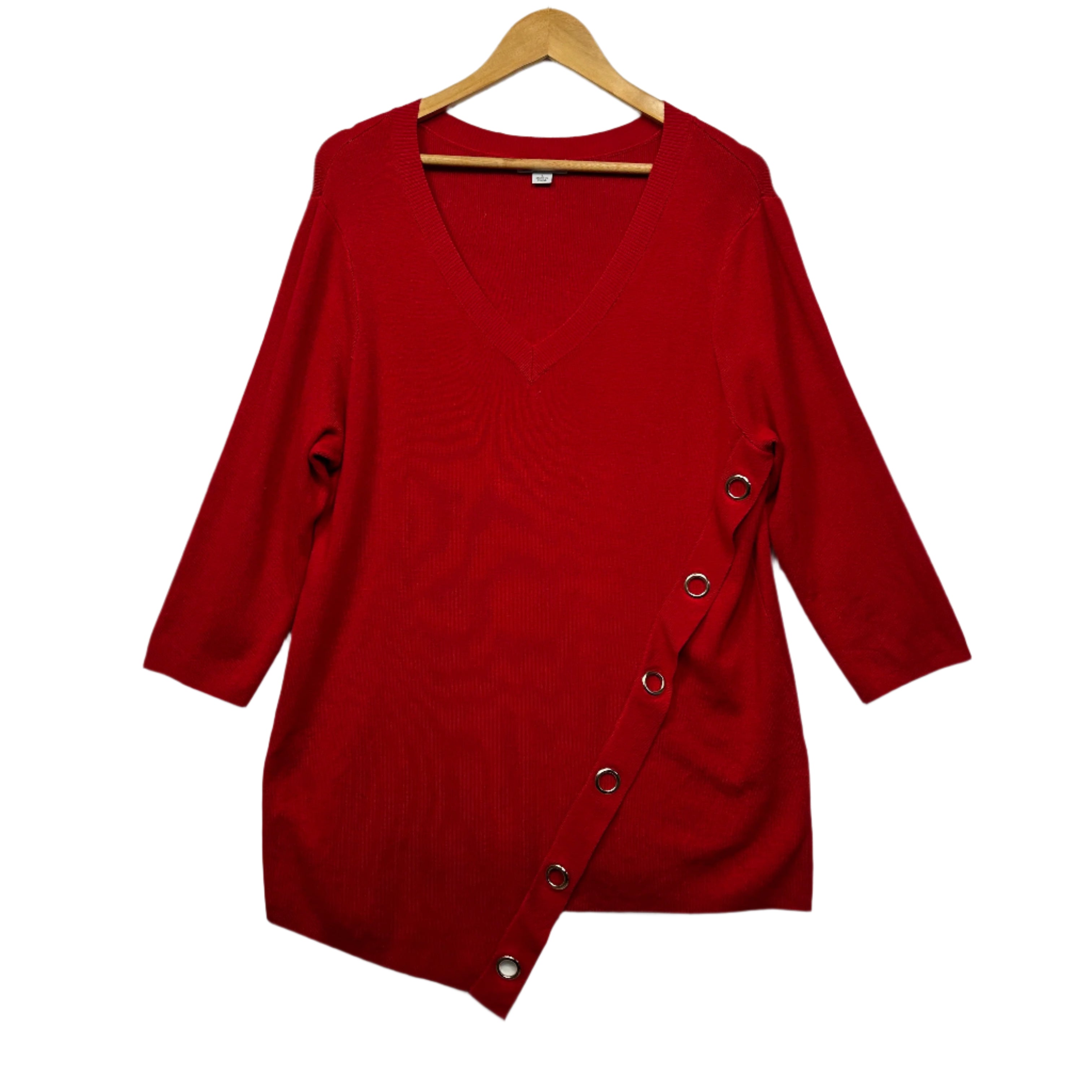 Rockmans Top Size 14 Larger Red Long Sleeve Asymmetric Hem