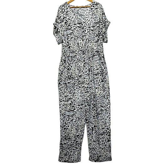 Rockmans White Leopard Print Jumpsuit - Size 18