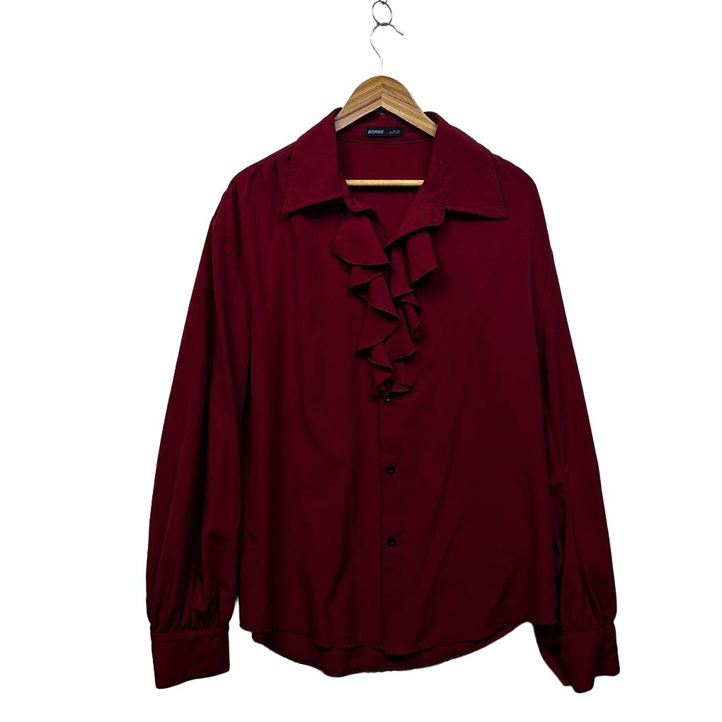 Romwe Burgundy Ruffle Long Sleeve Blouse - Size L
