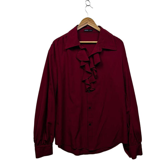 Romwe Burgundy Ruffle Long Sleeve Blouse - Size L