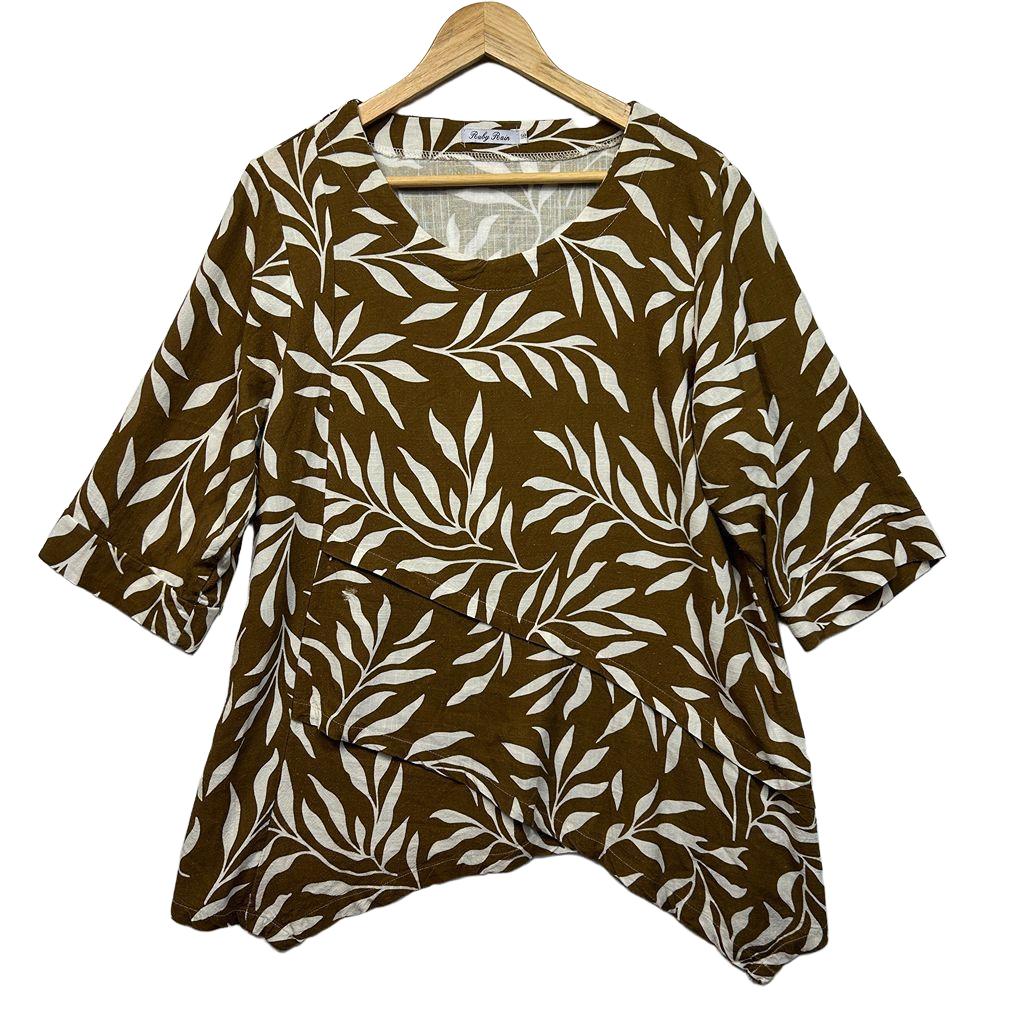 Ruby Rain Olive Linen Top - Size 16