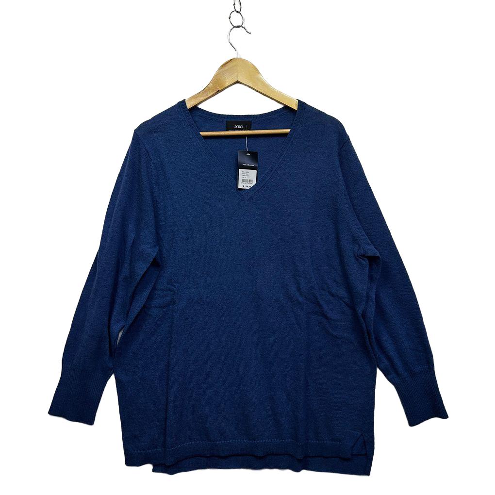 Sara Blue V-Neck Wool Blend Jumper - Size 1X RRP $129.99