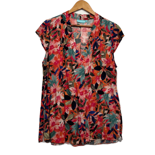 Blue Illusion Top Size 14 Multicoloured Floral Large Short Sleeve