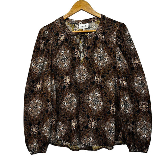 Seed Heritage Brown Print Long Sleeve Blouse - Size 12
