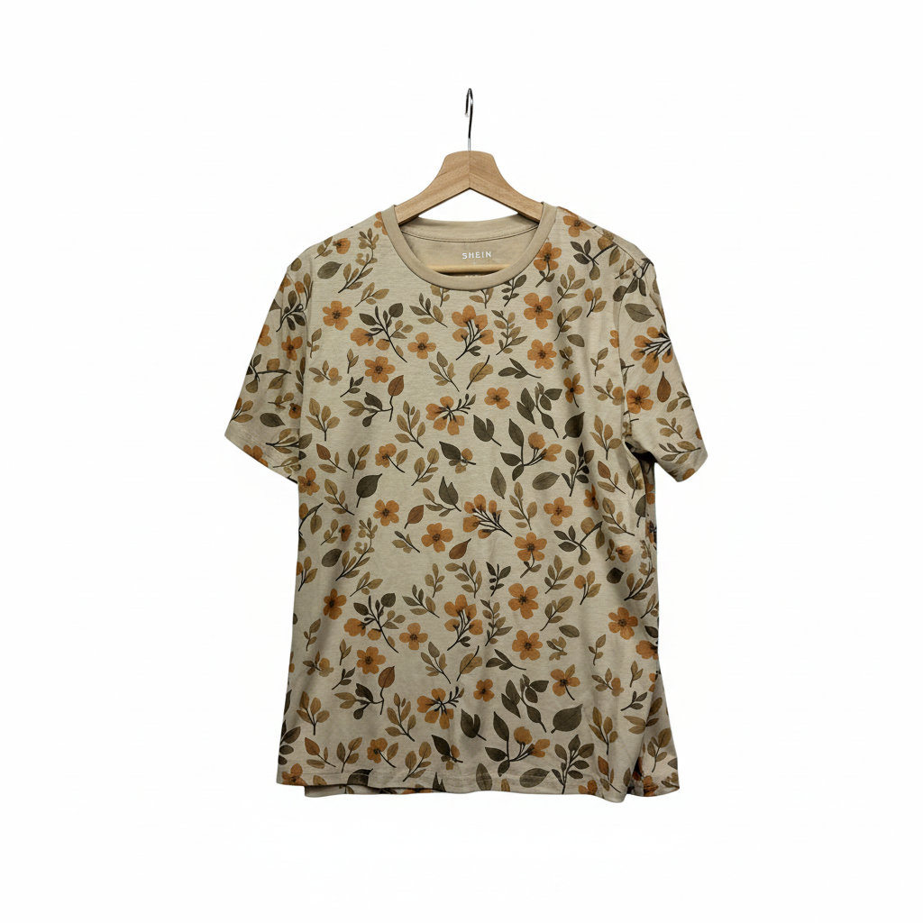 Shein Beige Floral Print T-Shirt - Size L