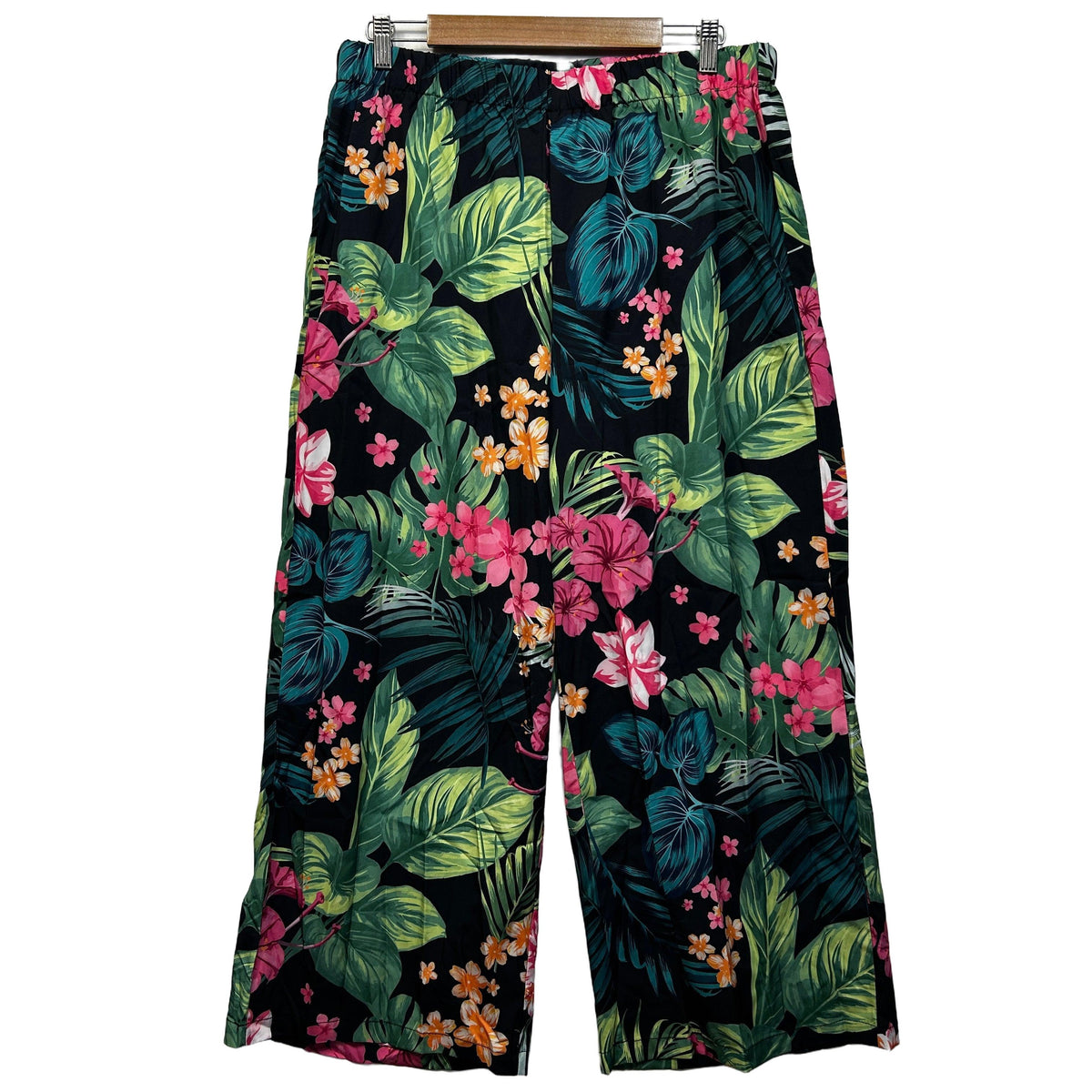 Shein Black Tropical Print Wide Leg Pants - Size 1XL