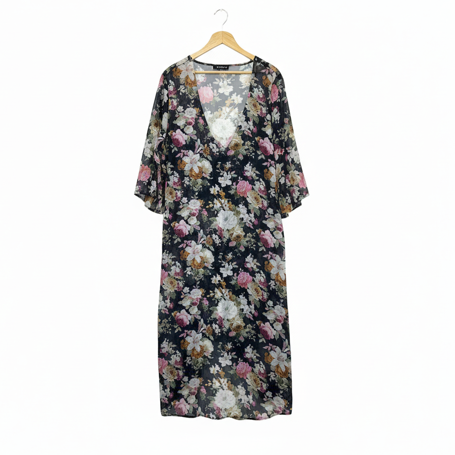Shein Curve Black Floral Kimono Duster Jacket - Size 16/18
